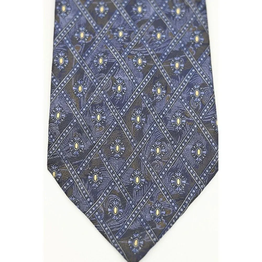 Robert Talbott Seven Fold Silk Tie Blue Geometric Diamond Floral Hand Sewn Italy